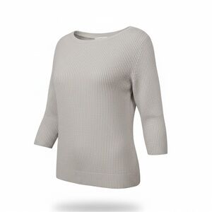 Alia off-white sweater w crazy quilt pattern in cotton/acrylic  w 3/4 sleeves